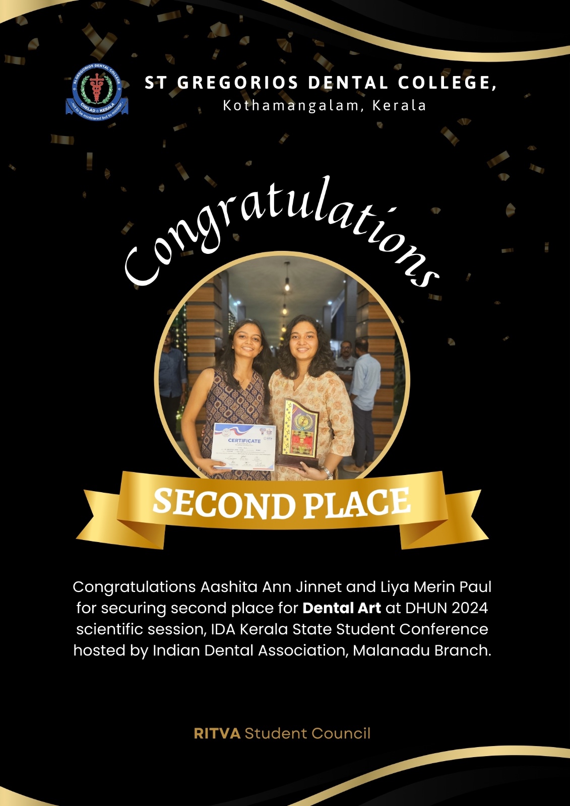 Congratulations Ahita Ann Jinnet and Liya merin paul for securing second prize in dental art at IDA conference