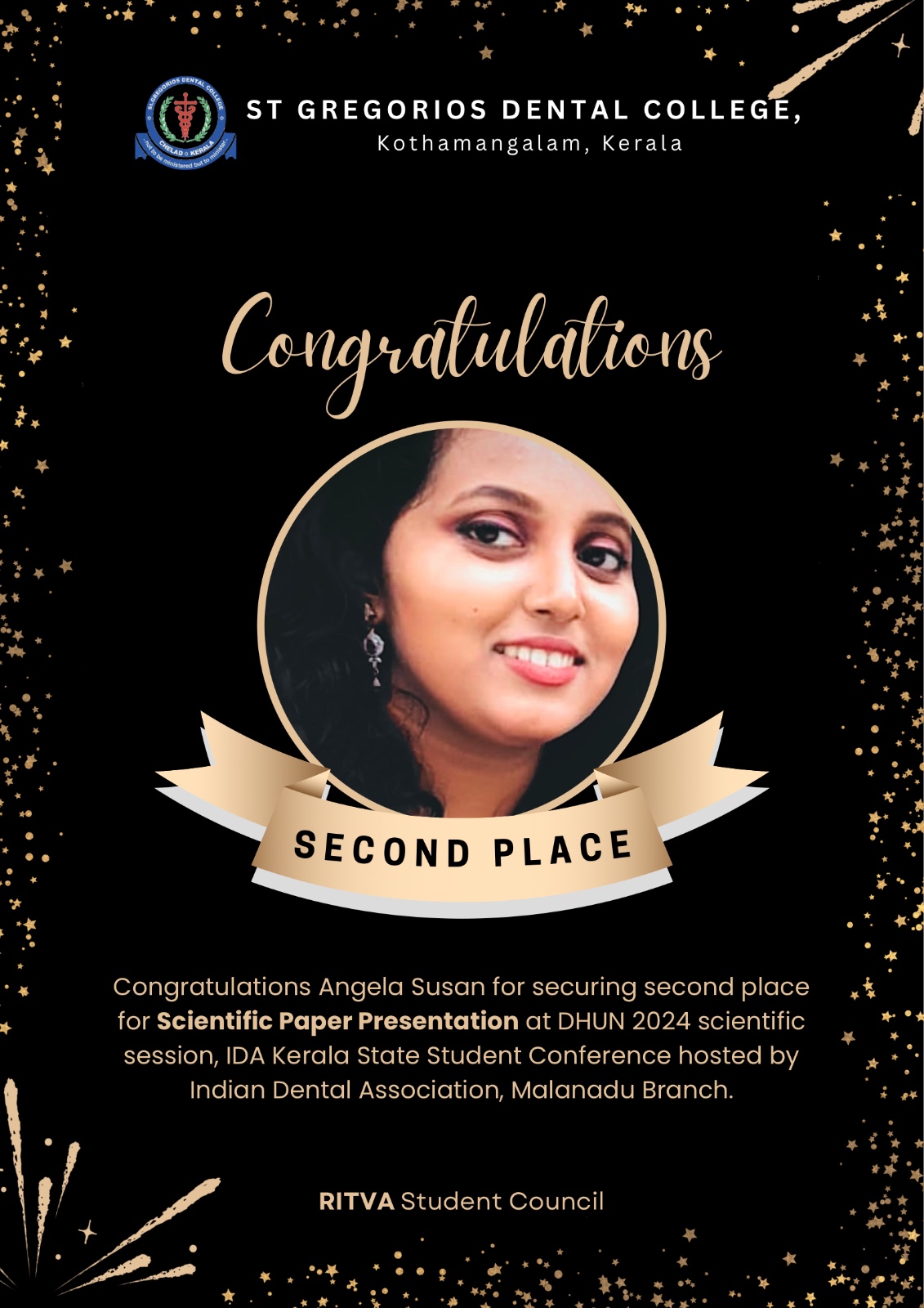 Congratulations Angela susan  for securing second prize in scientific paper presentation at IDA conferenc